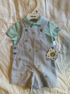 Little Me Mint Green Polo with Gray-White Striped Embroidered Overalls